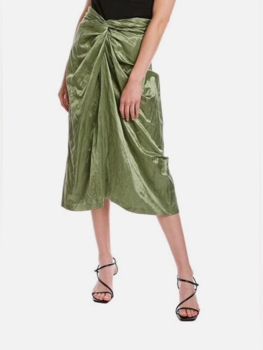 Vince Olive Green Metallic Twist-Front Midi Skirt Size 6 NWT
